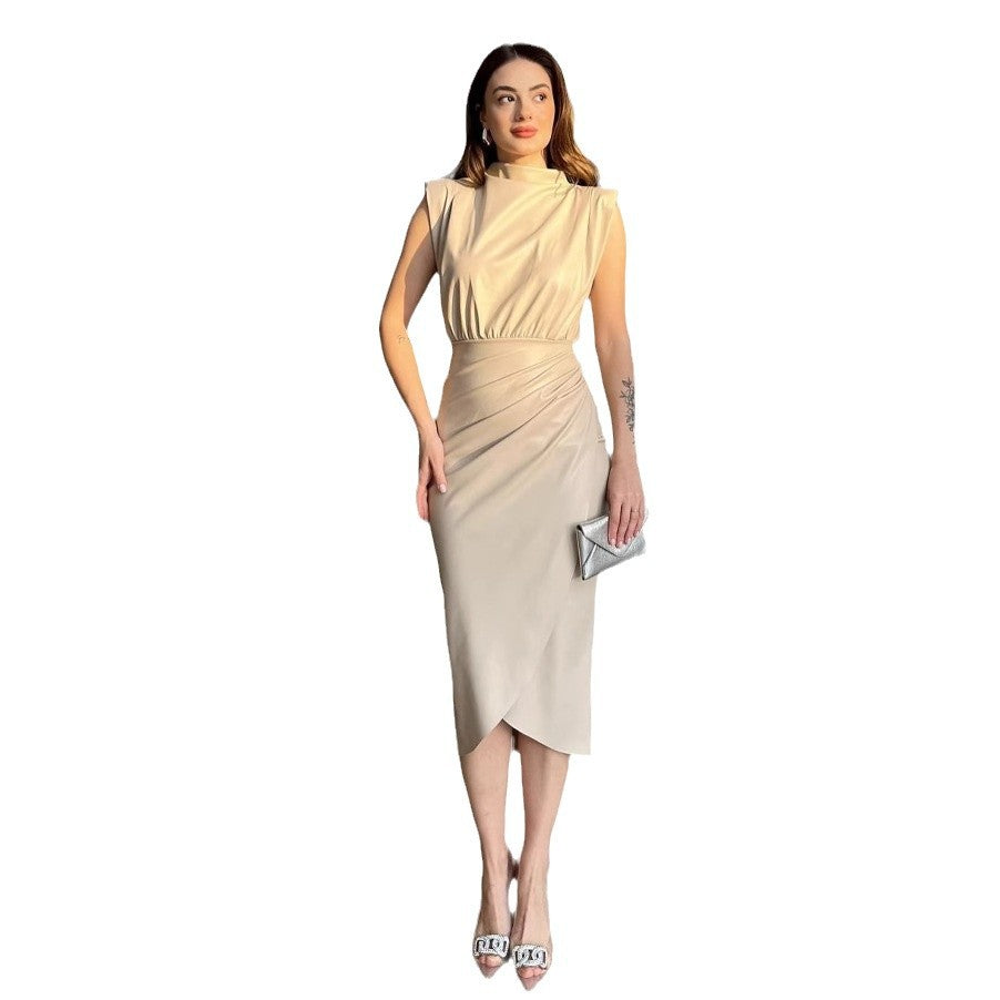 Women's Solid Color High Waist Stitching Pleated Slim Dress