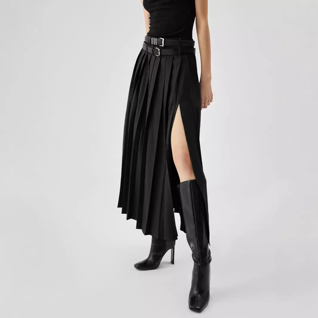 Women's High Waist Slimming Slit Pleated Skirt