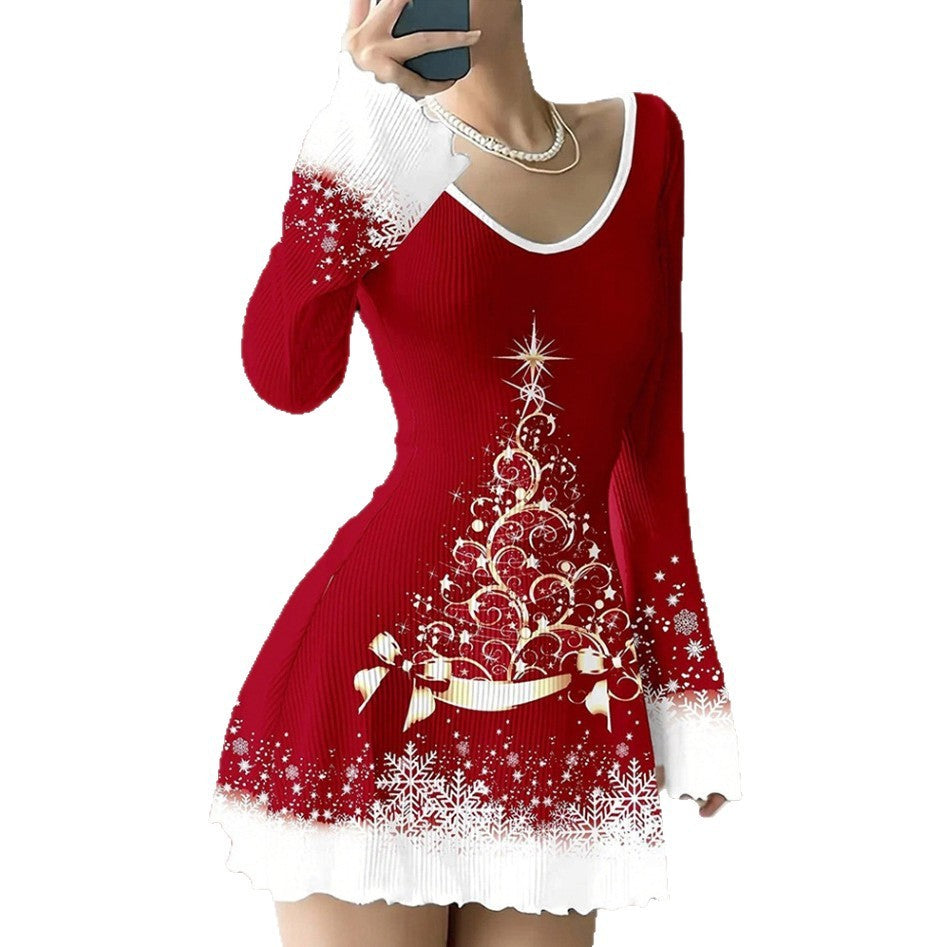 V-neck Stretch Sunken Stripe Christmas Printed Flared Sleeve Dress