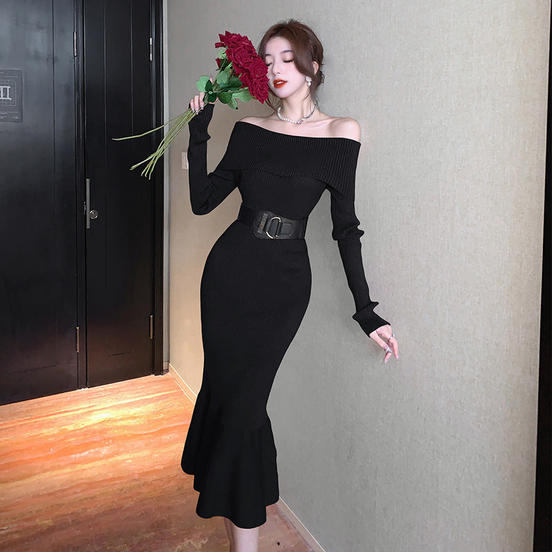 Women's Temperament One-shoulder Waist-slimming Knitted Fishtail Skirt