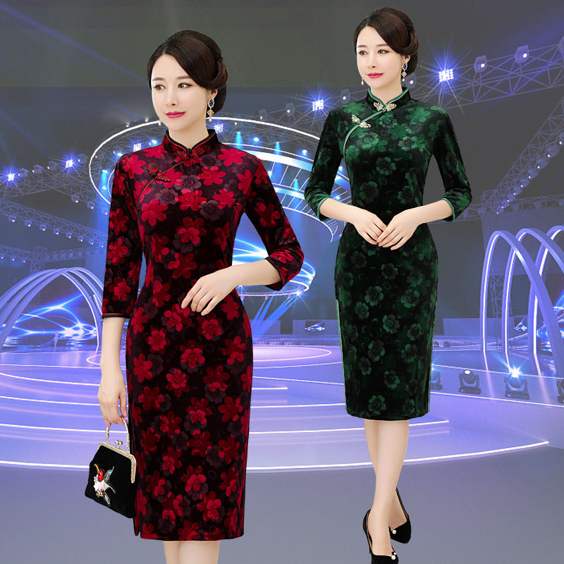 Velvet embossed cheongsam