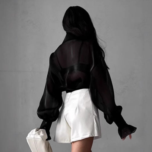 Women's Design Bandage Dress White With Lapel Long-sleeved Top