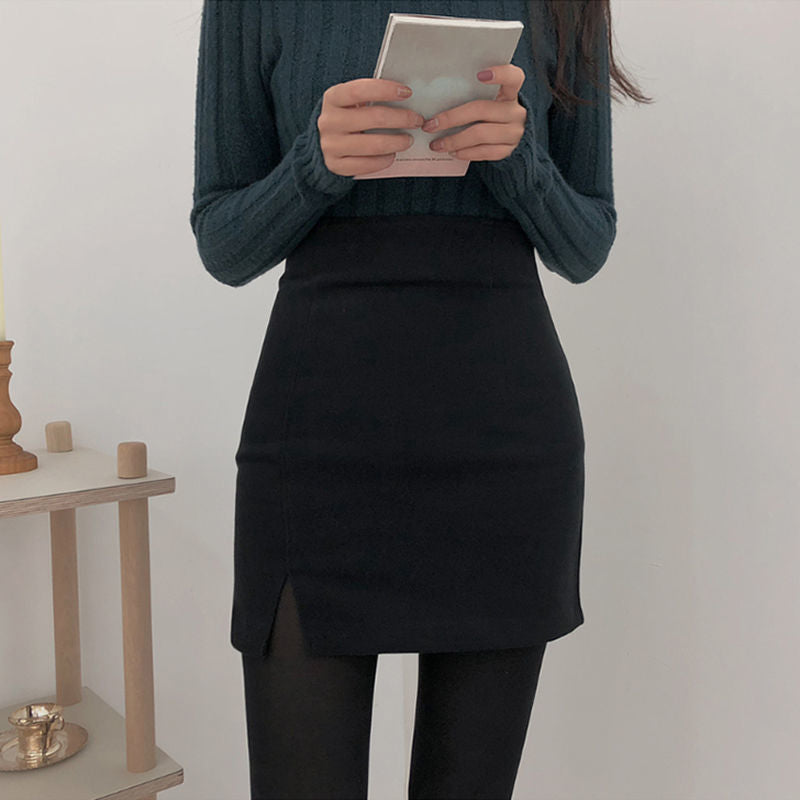 Woolen Slit High Waist Bag Hip Skirt