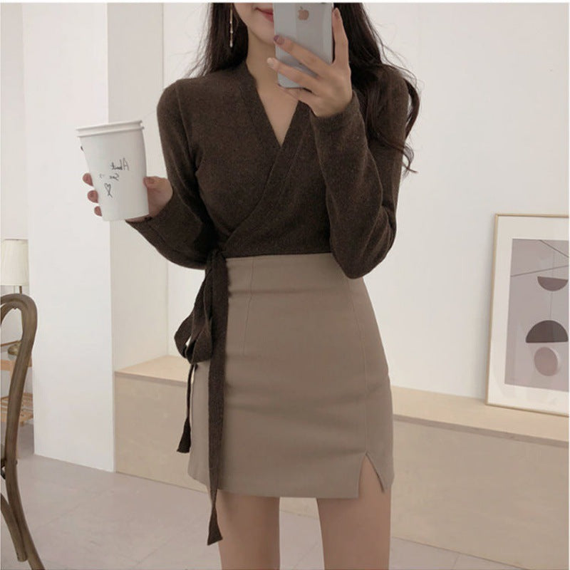 Woolen Slit High Waist Bag Hip Skirt