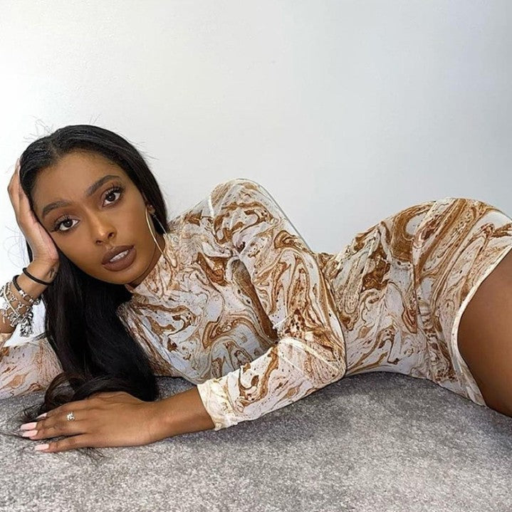 See-through Mesh Print Slim Tie-dye Dress