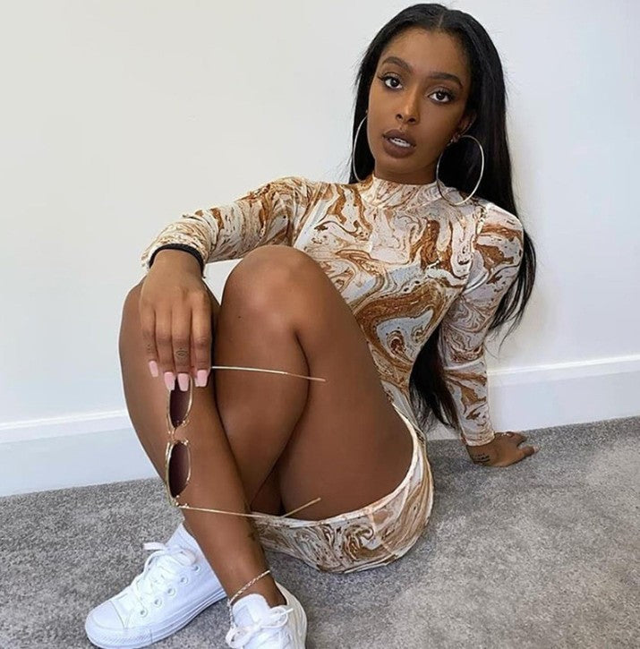 See-through Mesh Print Slim Tie-dye Dress