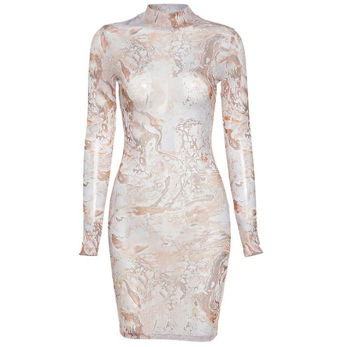 See-through Mesh Print Slim Tie-dye Dress