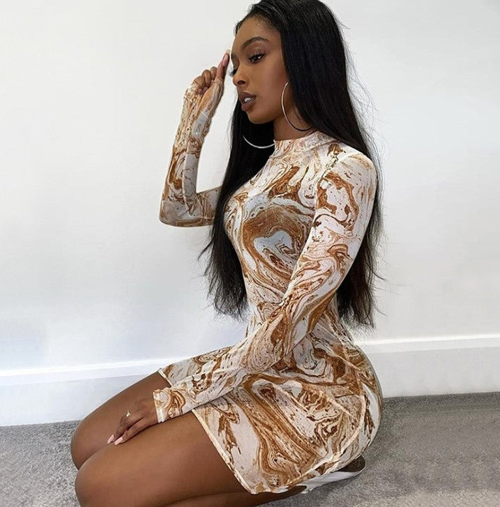 See-through Mesh Print Slim Tie-dye Dress