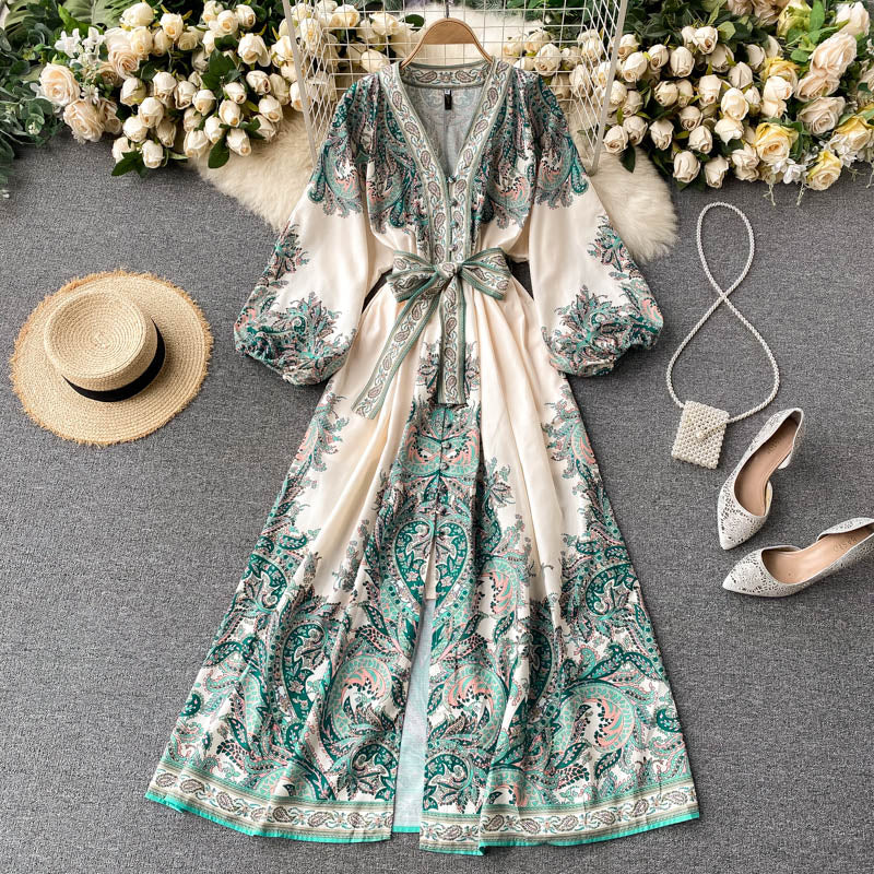 Dress Women's V-neck Breasted Slim Long Retro Printed Dress Long Skirt