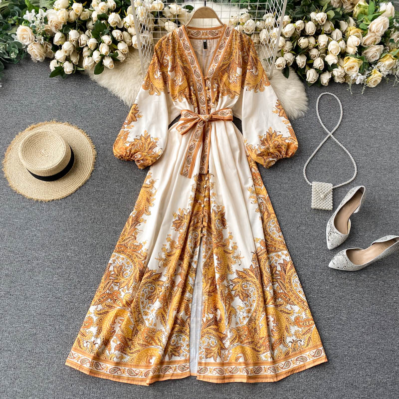 Dress Women's V-neck Breasted Slim Long Retro Printed Dress Long Skirt