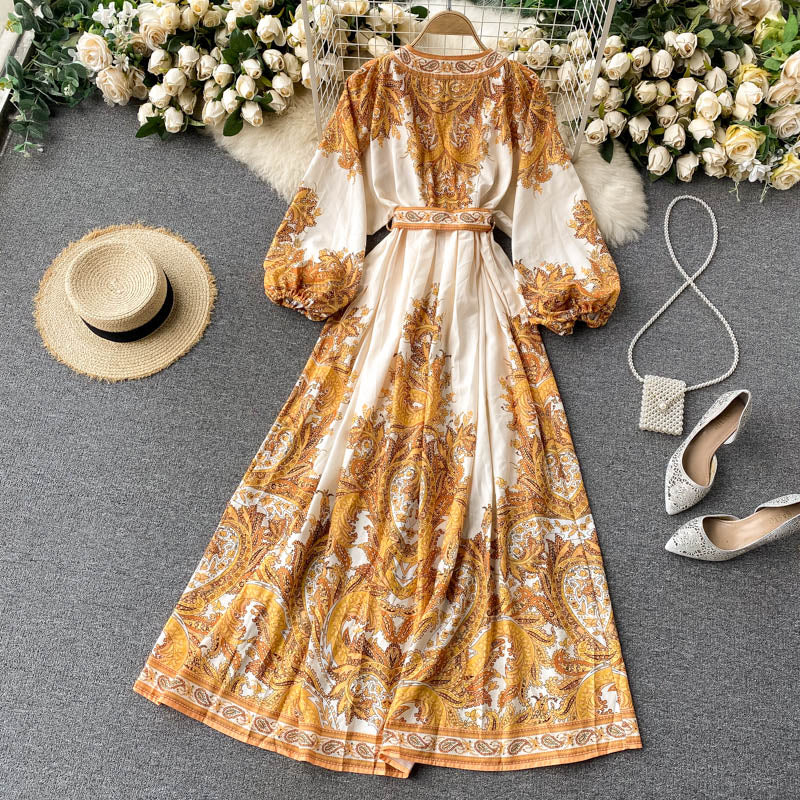 Dress Women's V-neck Breasted Slim Long Retro Printed Dress Long Skirt