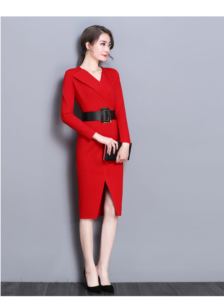 Long-sleeved dress mid-length V-neck temperament