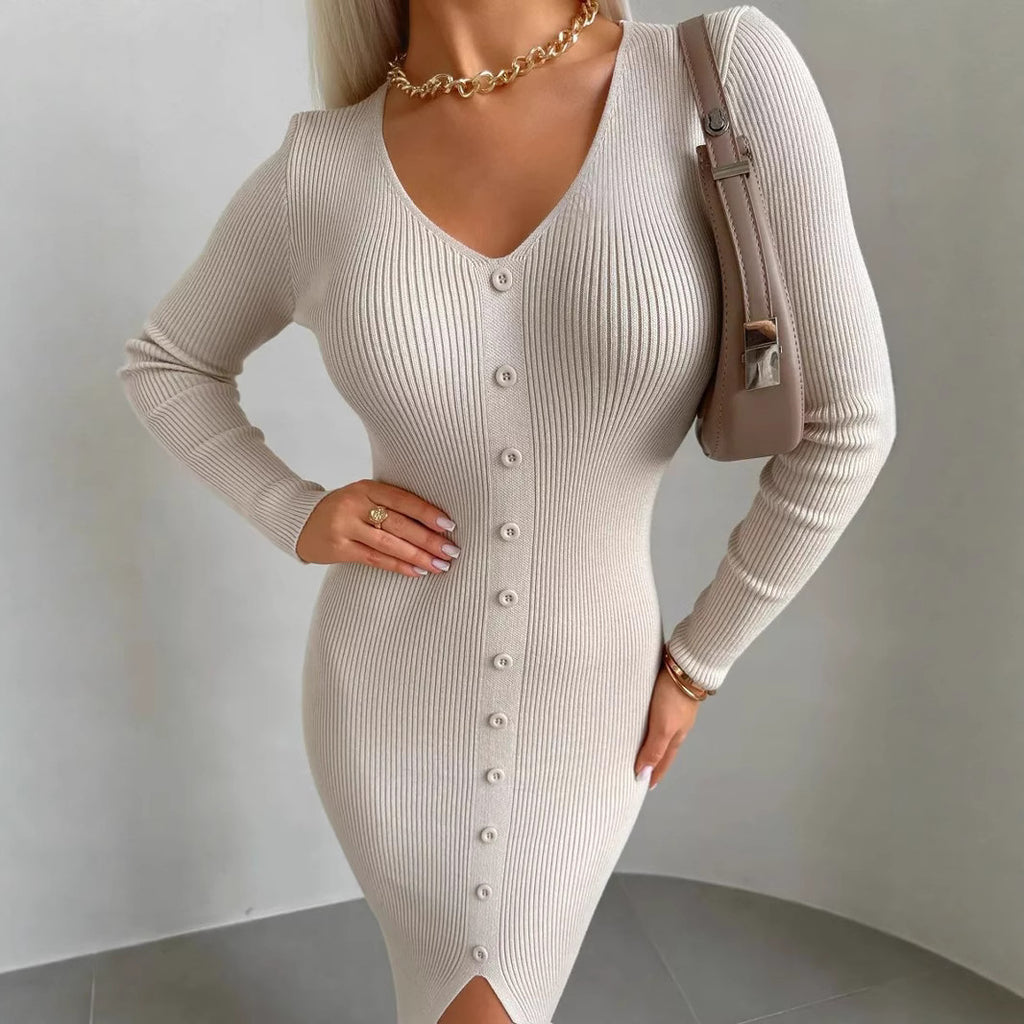 Slim Fit Slit Slimming Elegant Single-breasted Knitted Sheath Dress