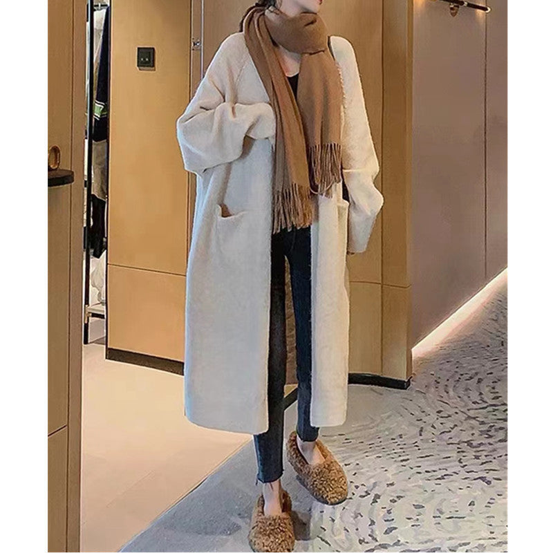 Idle Style Mid-length Sweater Coat Women's Loose Pockets Knitted Cardigan