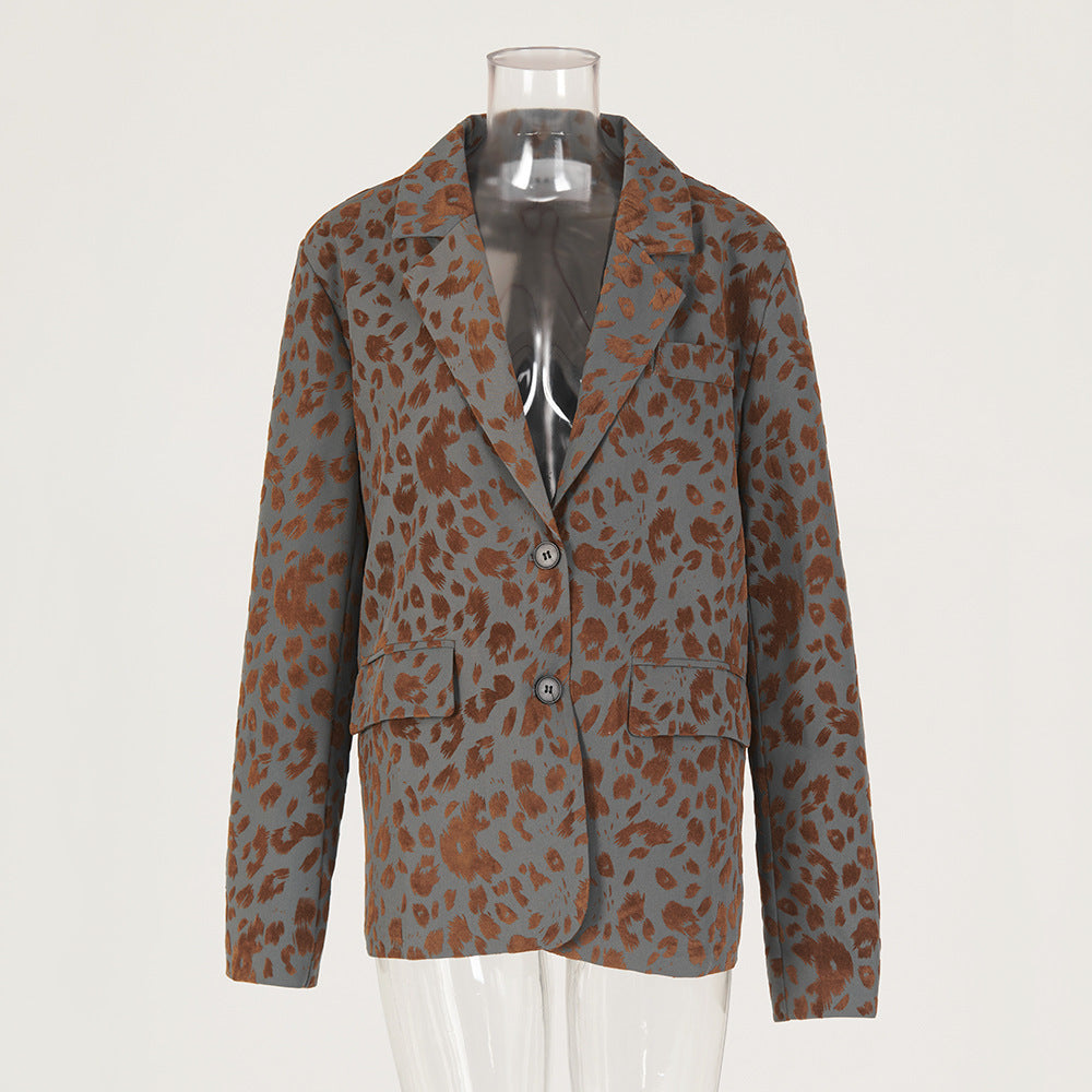 Leopard Print Casual High-end Temperament Suit Wide Leg Pants Two-piece Suit