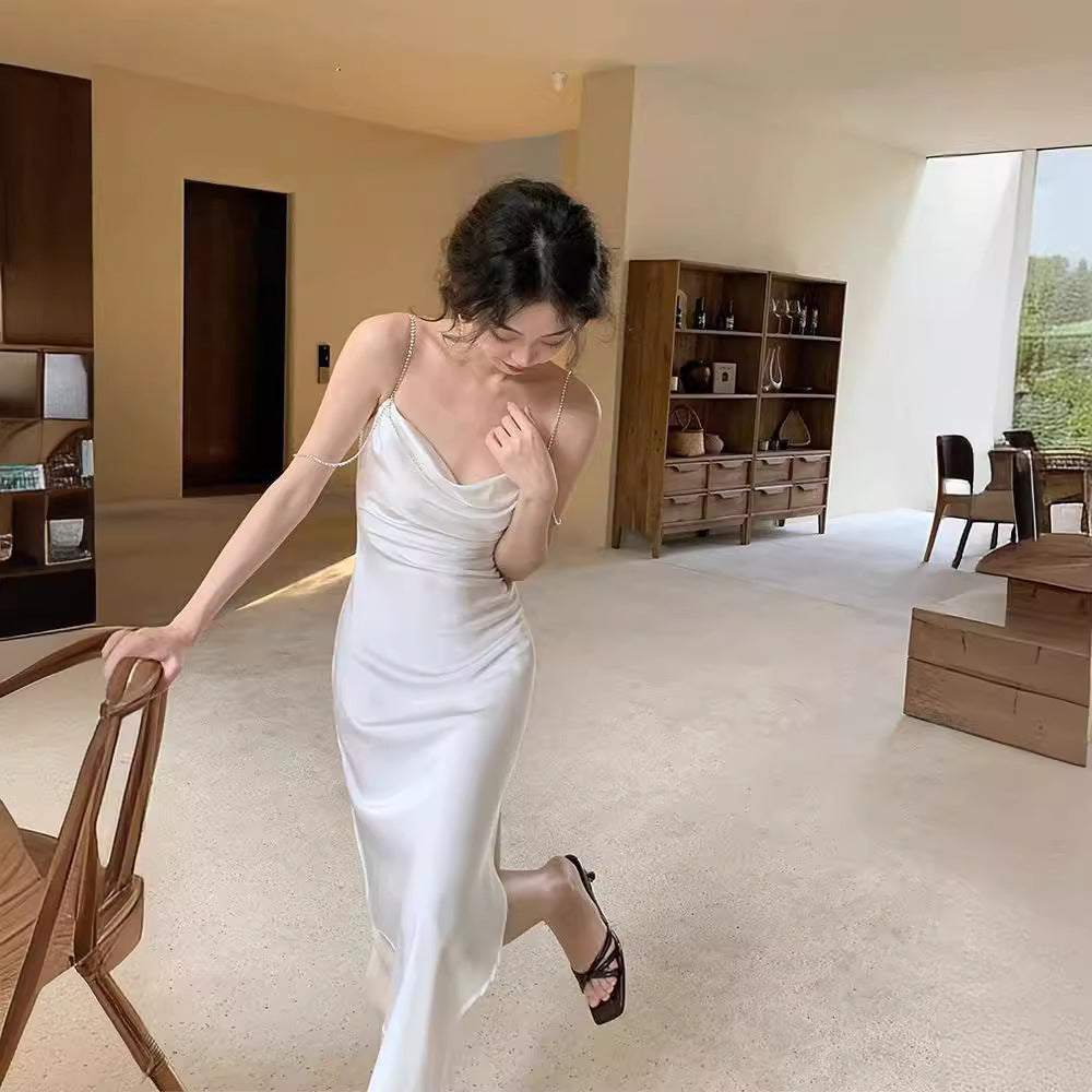 Satin Texture Swing Collar Drill Chain Suspender Skirt For Women