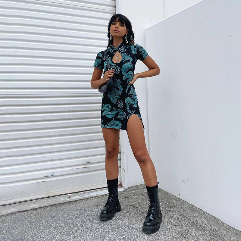 Fashion Women's Wear Round Neck Hollow-out Short Sleeve Slim Dress