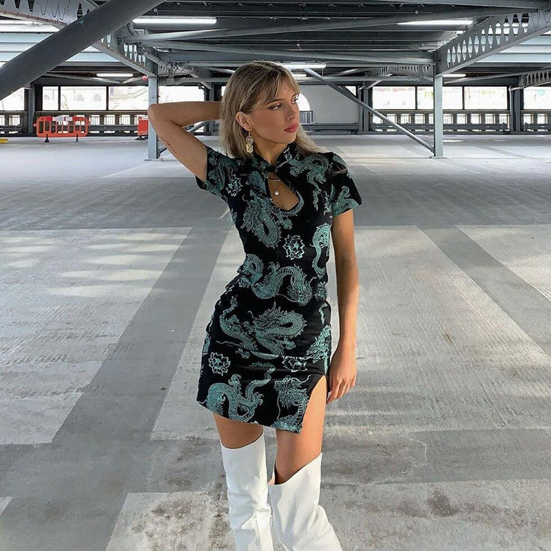 Fashion Women's Wear Round Neck Hollow-out Short Sleeve Slim Dress