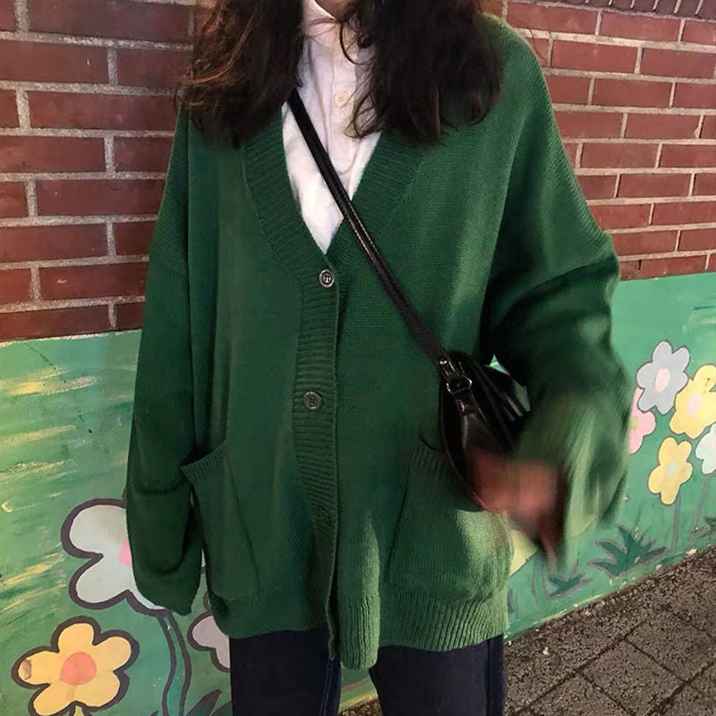Lazy Style Knit Sweater Cardigan Jacket V-neck Blouse Women