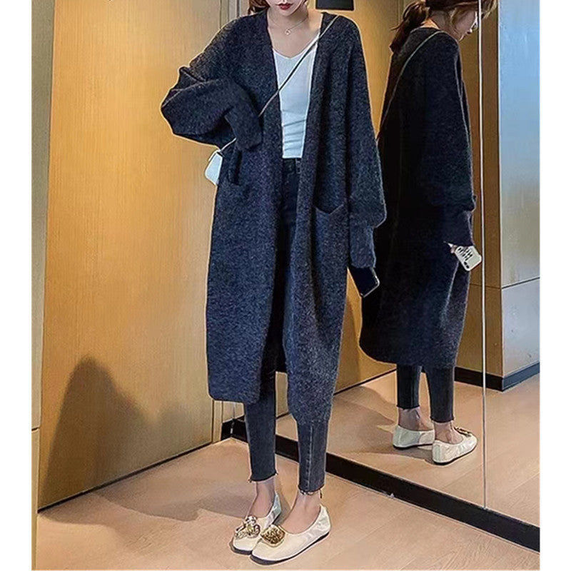 Idle Style Mid-length Sweater Coat Women's Loose Pockets Knitted Cardigan