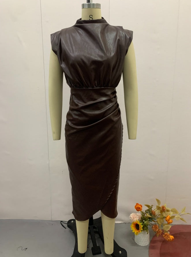 Women's Solid Color High Waist Stitching Pleated Slim Dress