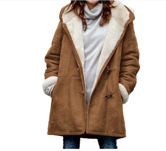Winter Button Coat Fashion Warm Hooded Jacket With Pockets Women's Clothing
