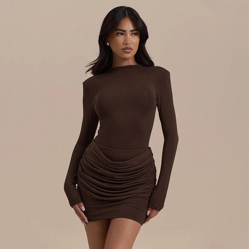 Pleated Half-turtleneck All-match Long-sleeved Dress