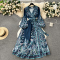 One-piece Lace-up Waist Trimming Printing Dress