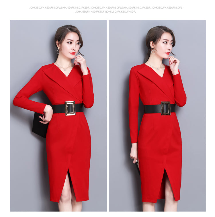 Long-sleeved dress mid-length V-neck temperament
