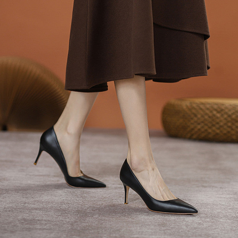 French Pointed High Heel Shoes Black Work Temperament Wide Feet