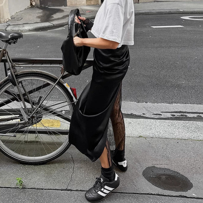 Black Hot Girl Lace Patchwork See-through Satin Skirt