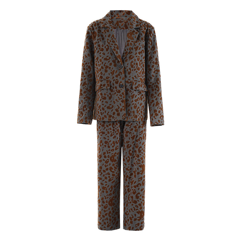 Leopard Print Casual High-end Temperament Suit Wide Leg Pants Two-piece Suit