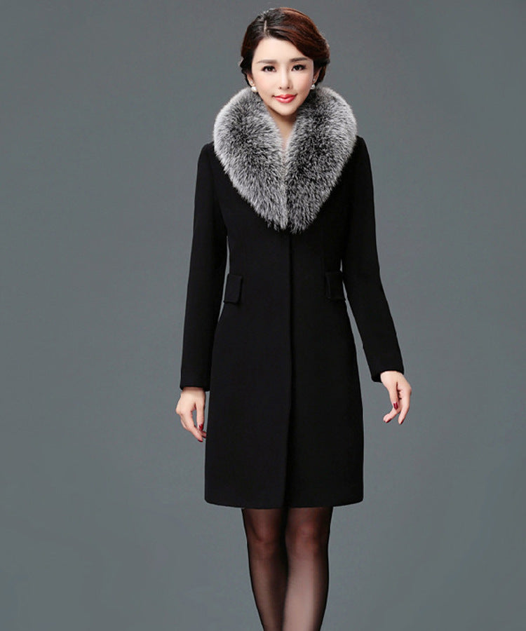 High quality fur collared women's wool coat