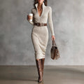 Slim-fit Belt Mid-length Over-the-knee Knitted Base Narrow Dress