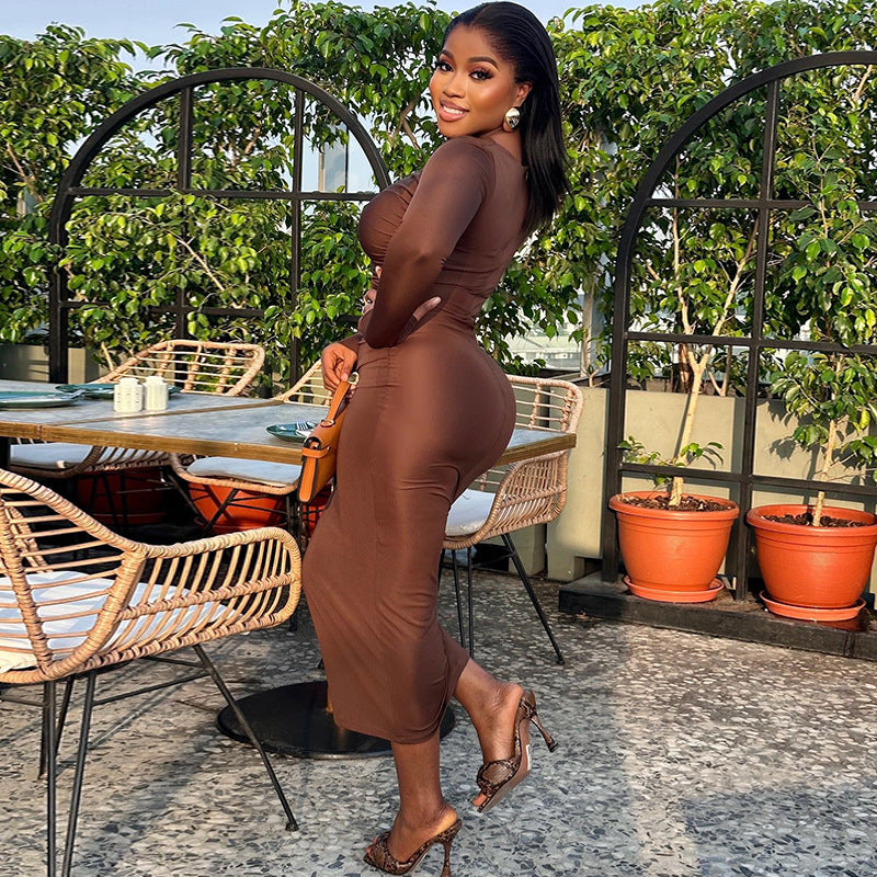 Women's Solid Color Round Neck Long Sleeve Pullover Dress