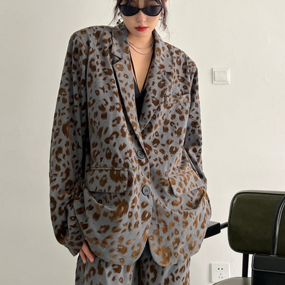 Leopard Print Casual High-end Temperament Suit Wide Leg Pants Two-piece Suit
