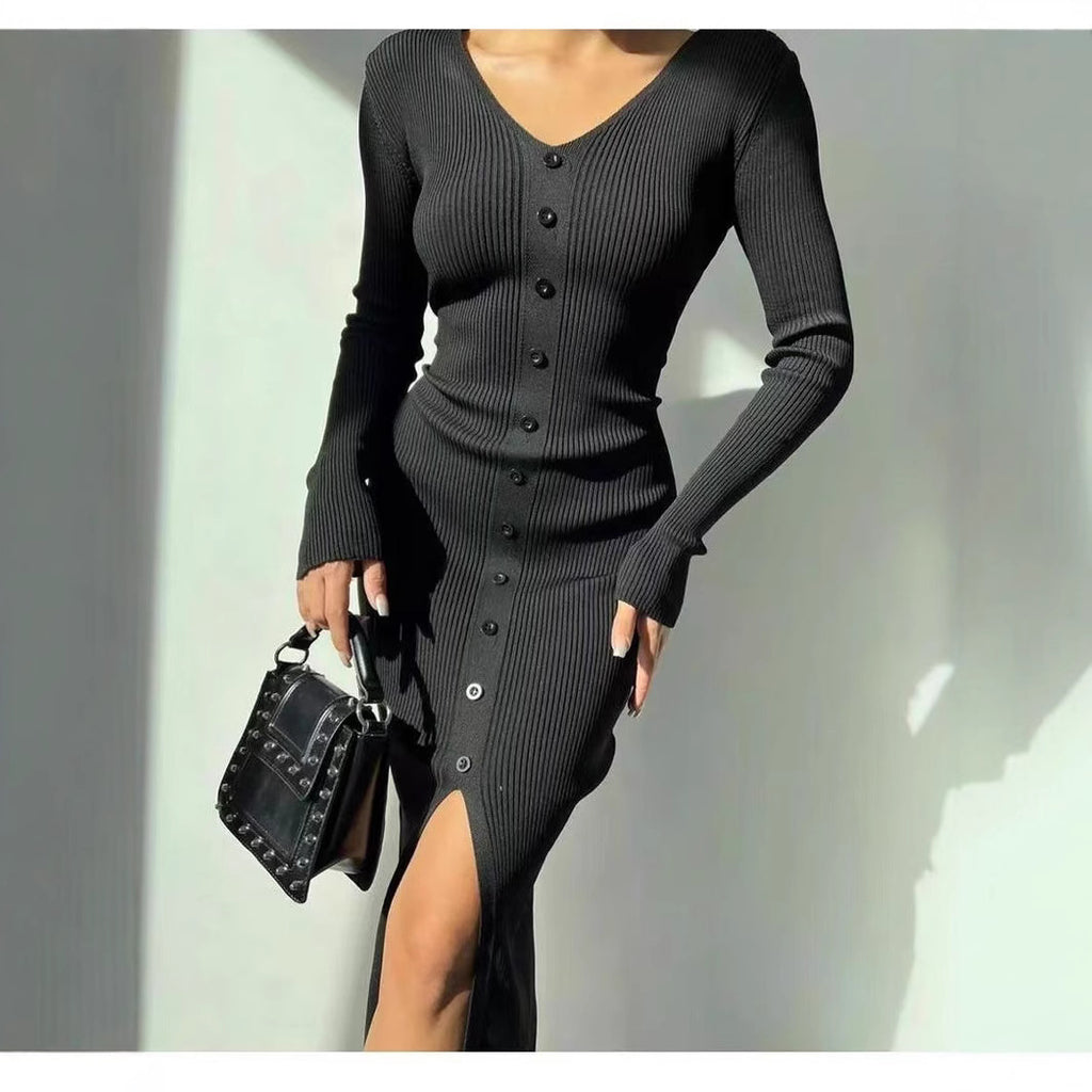 Slim Fit Slit Slimming Elegant Single-breasted Knitted Sheath Dress