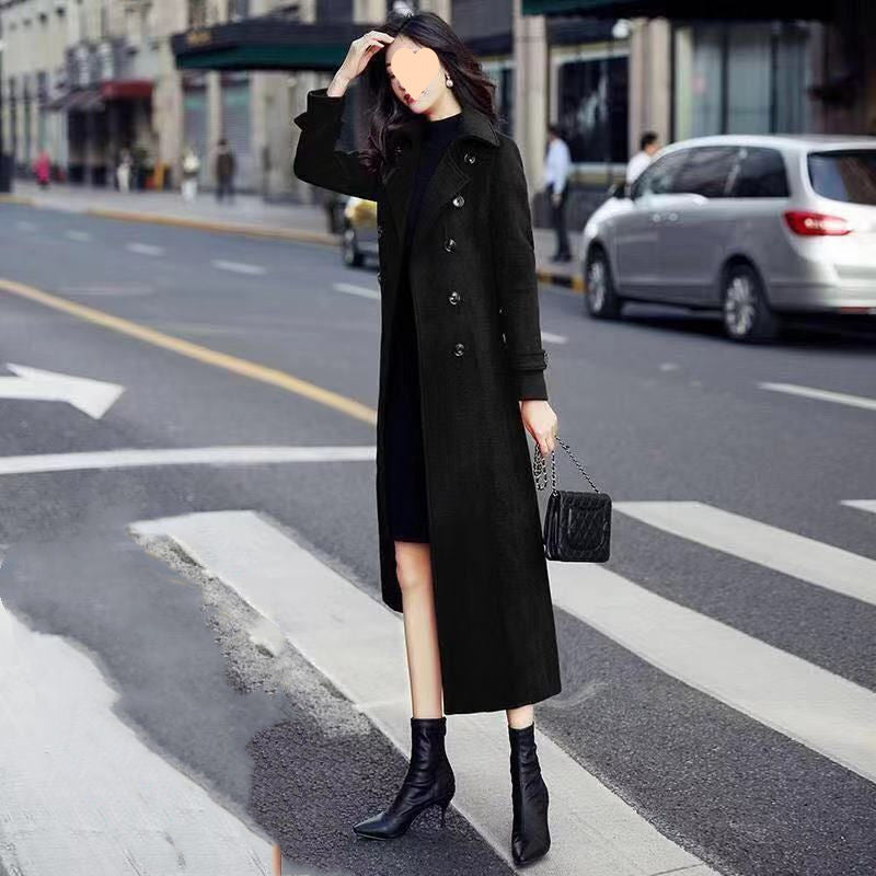 Solid Color Wool Coat Women's Long Slim Knee-length Padded Thick Wool Overcoat