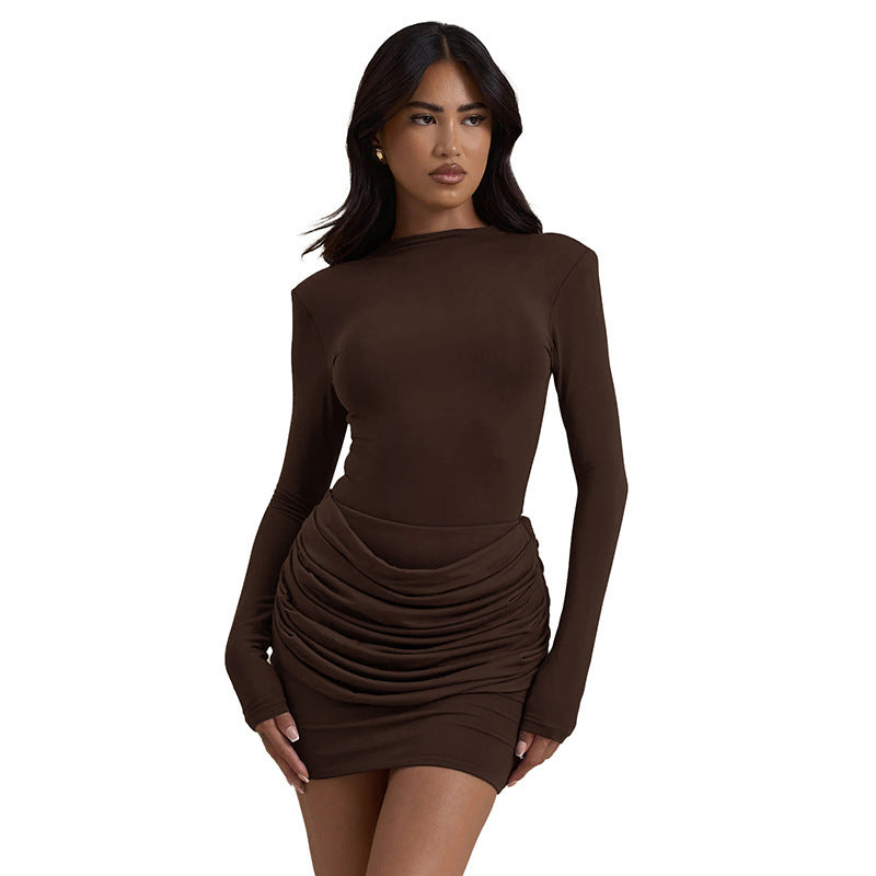 Pleated Half-turtleneck All-match Long-sleeved Dress
