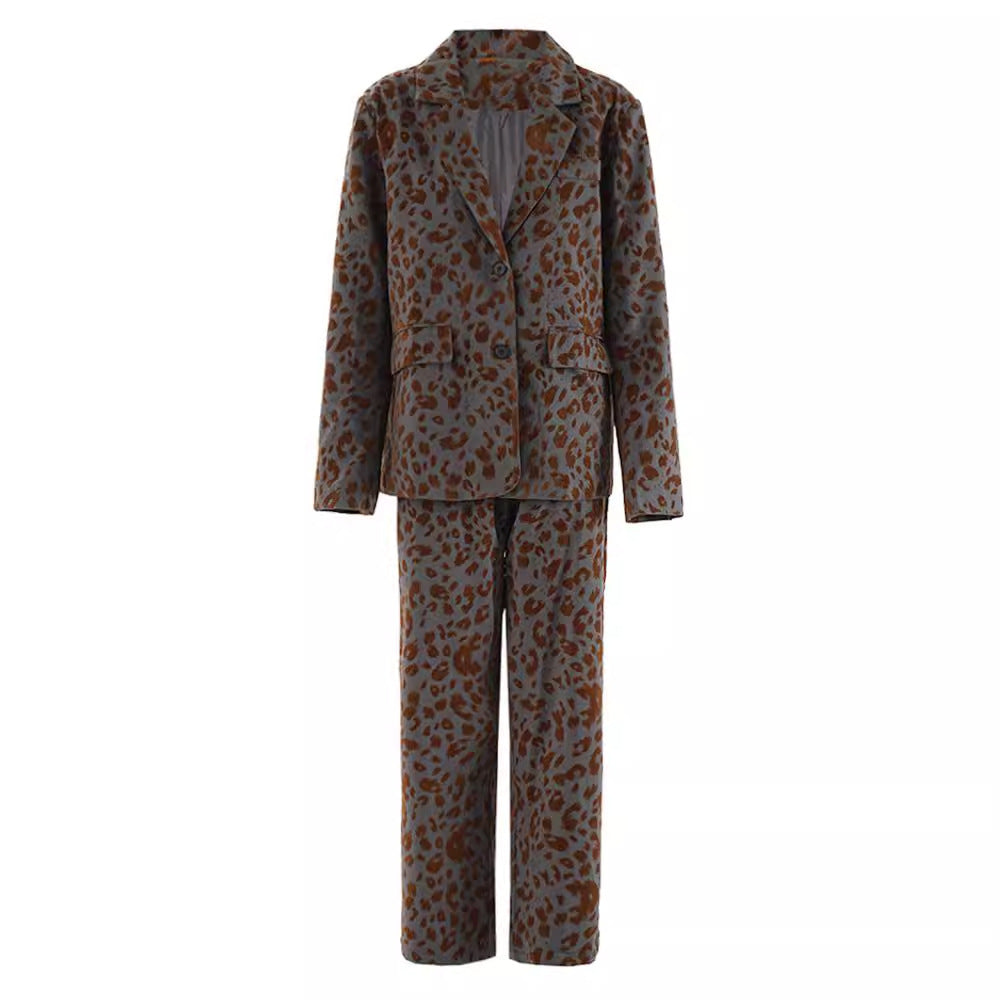 Leopard Print Casual High-end Temperament Suit Wide Leg Pants Two-piece Suit