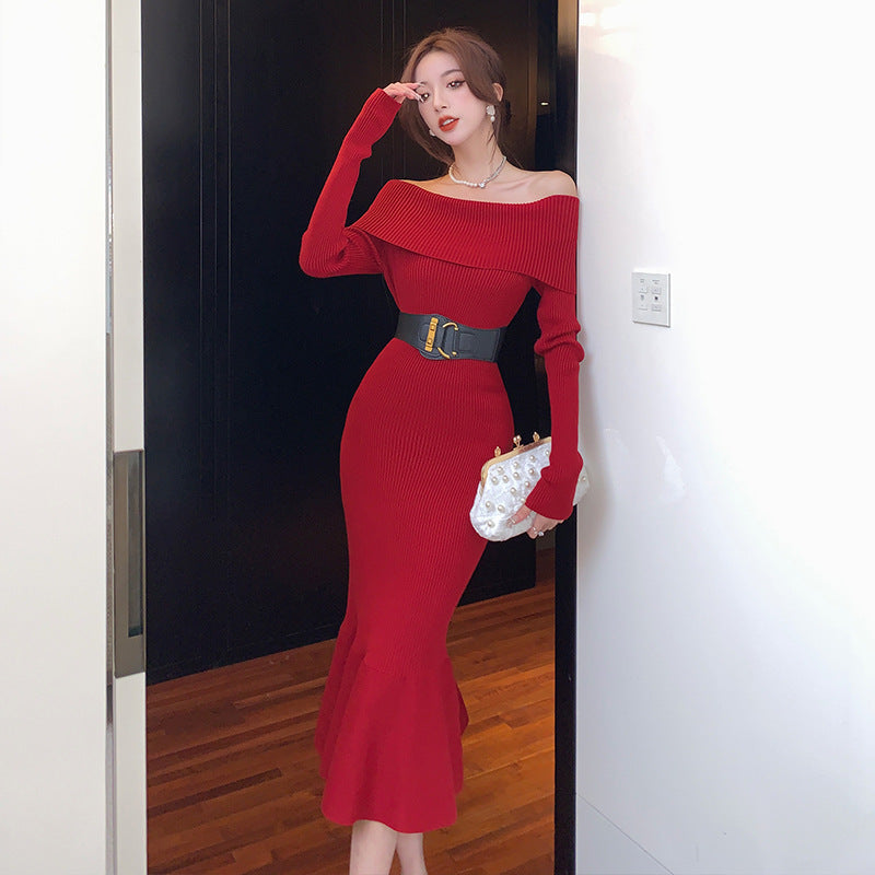 Women's Temperament One-shoulder Waist-slimming Knitted Fishtail Skirt