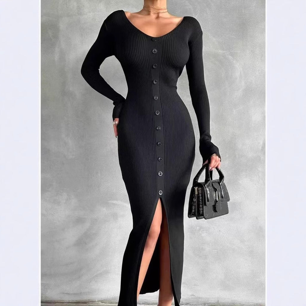Slim Fit Slit Slimming Elegant Single-breasted Knitted Sheath Dress