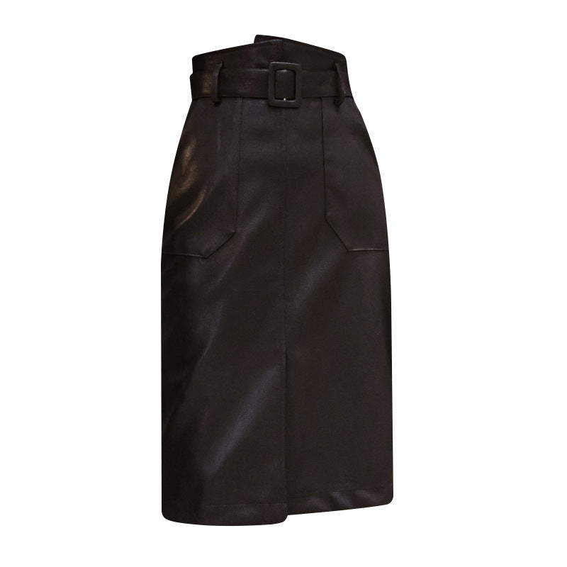 High waist bag hip split leather skirt