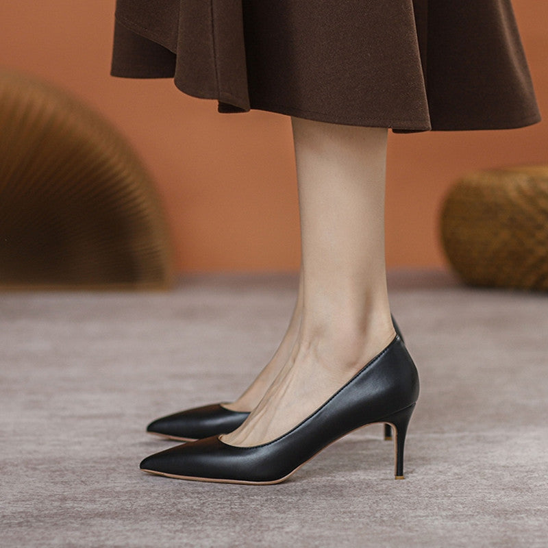 French Pointed High Heel Shoes Black Work Temperament Wide Feet
