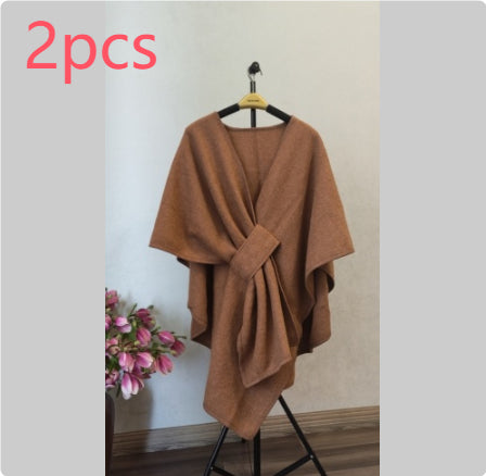 Fur Collar Fur Ball Knitted Cardigan Cape And Shawl