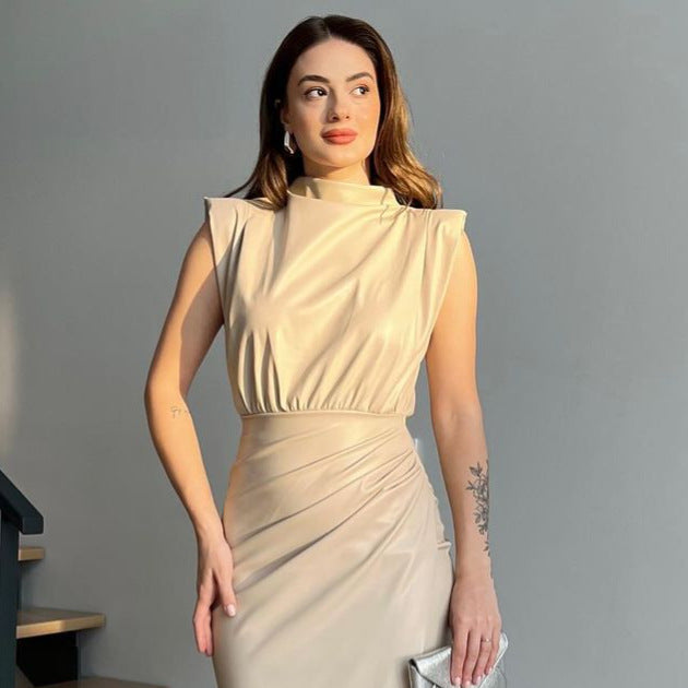 Women's Solid Color High Waist Stitching Pleated Slim Dress