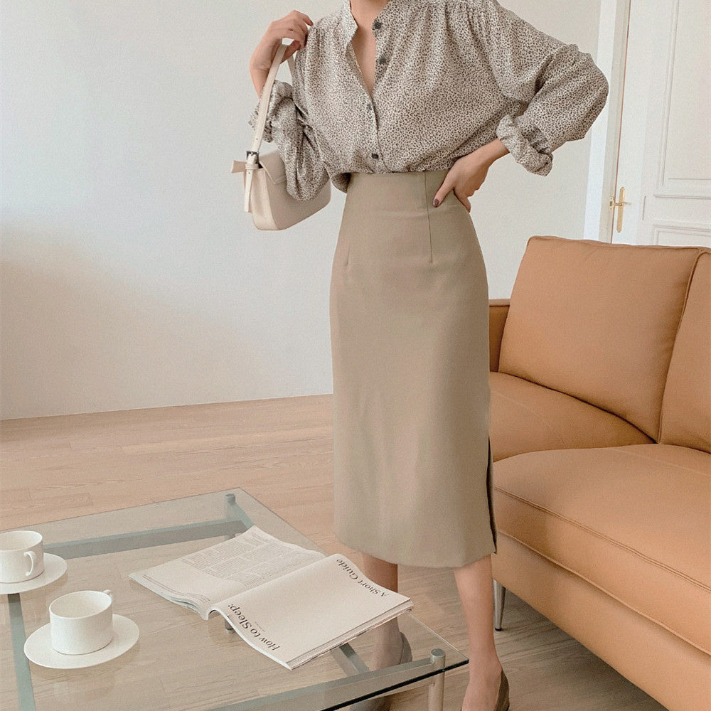 Solid Color High Waist Slit Skirt