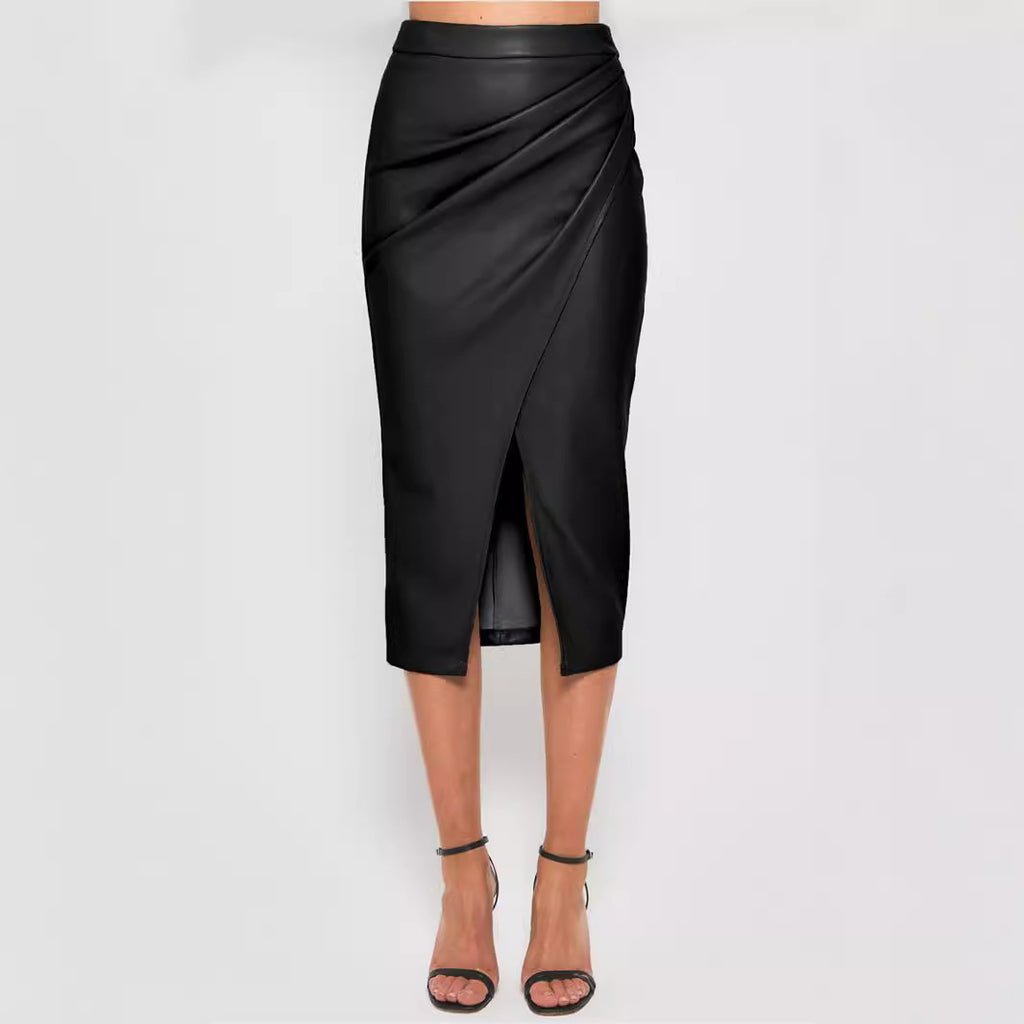 Women's High Waist Zipper Heap Pleated Leather Skirt