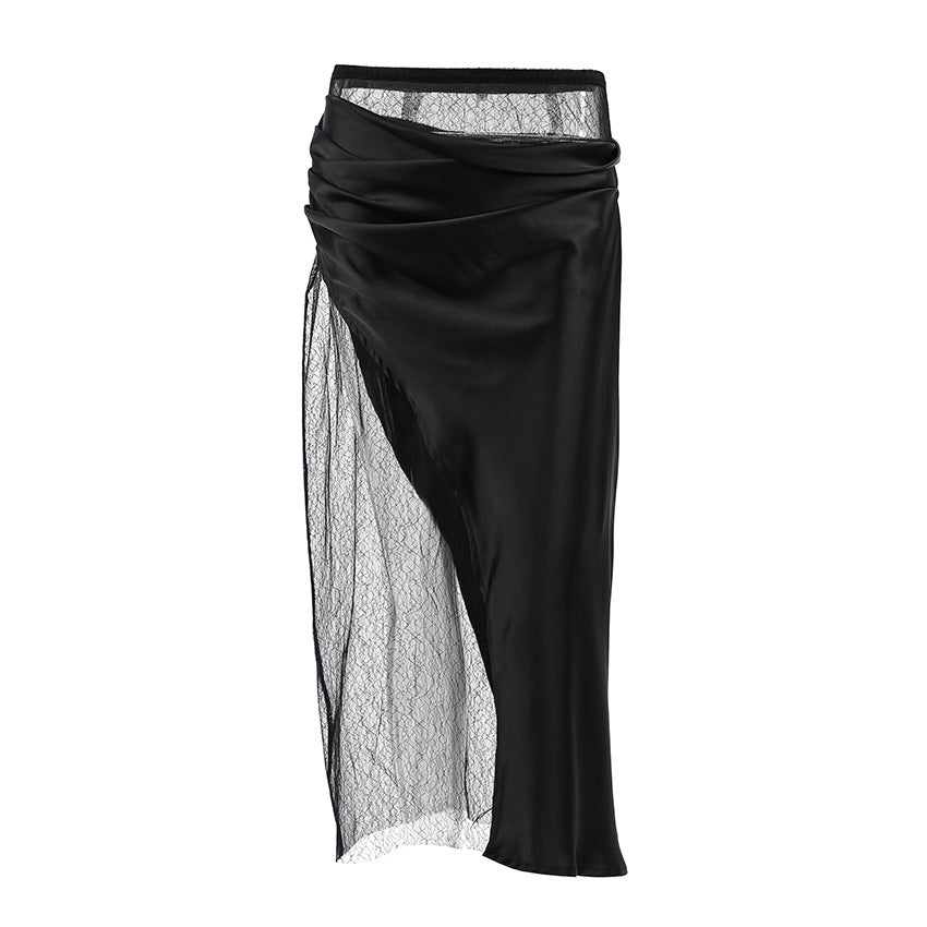 Black Hot Girl Lace Patchwork See-through Satin Skirt