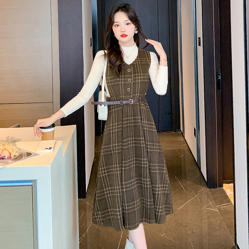 Winter French Retro Waist Sleeveless Plaid Tweed Strappy Dress